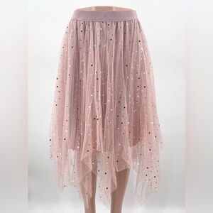 NEW Pink Mesh Celestial Stars Moons Whimsical Ethereal Dreamy Asymmetrical Skirt